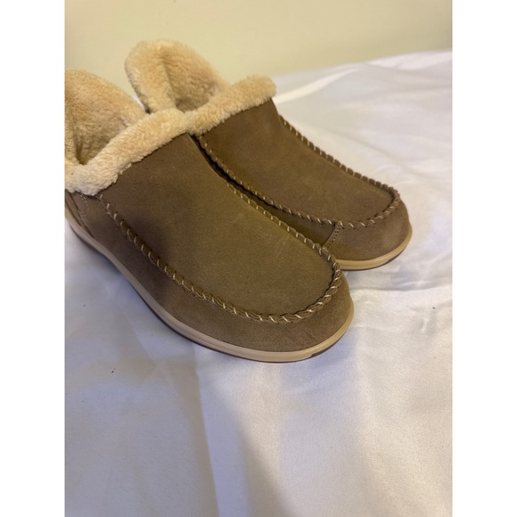 Orthaheel Women's Suede Clog Slippers Mules leather Tan Beige Fuzzy Sherpa Sz8 - Picture 1 of 7
